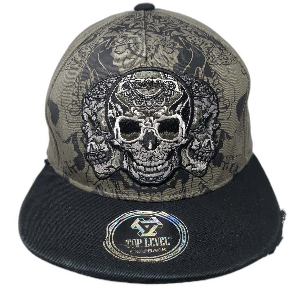 Top Level 5 Panel Green Hat One Size Skull Embroidery Distressed Snapback Biker